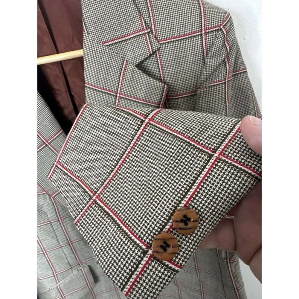 Vintage 70s 80s Men’s 40L Tall Wool Blazer Sport Coat Windowpane Plaid Retro Mod